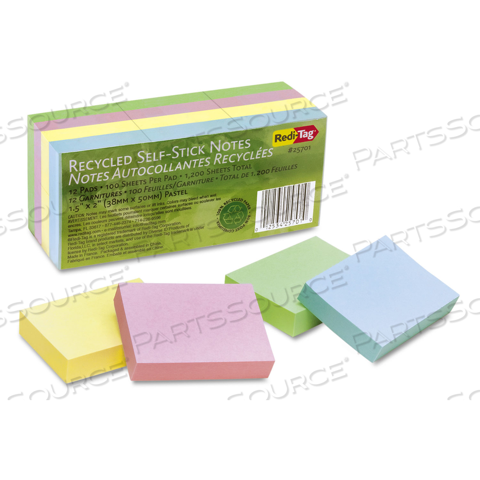 100% RECYCLED SELF-STICK NOTES, 1.5" X 2", ASSORTED PASTEL COLORS/PAD by Redi-Tag 100% RECYCLED SELF-STICK NOTES, 1.5" X 2", ASSORTED PASTEL COLORS/PAD by Redi-Tag