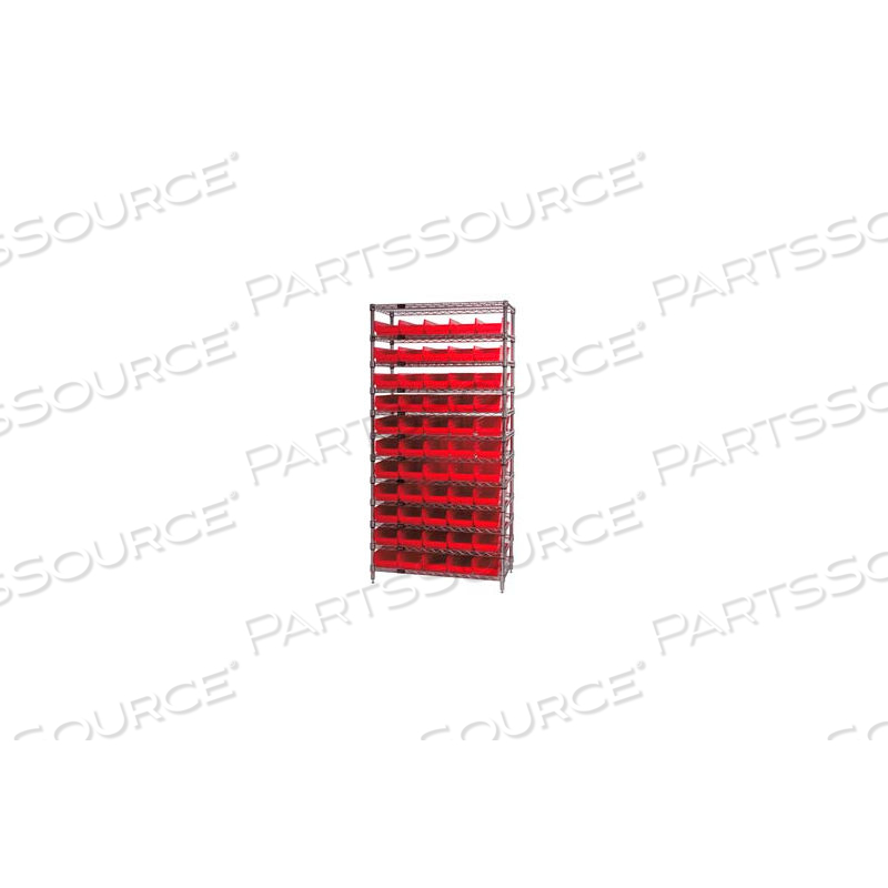 CHROME WIRE SHELVING WITH 55 4"H PLASTIC SHELF BINS RED, 36X24X74 by Approved Vendor