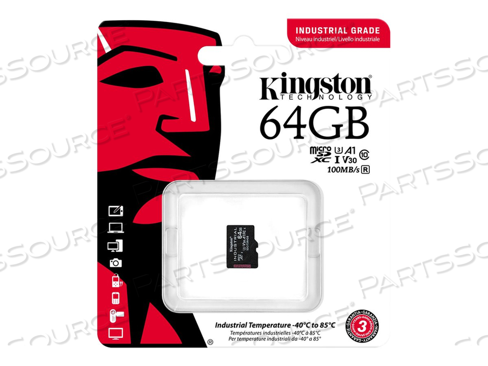 INDUSTRIAL, FLASH MEMORY CARD, 64 GB, A1 / VIDEO CLASS V30 / UHS-I U3 / CLASS10, MICROSDXC UHS-I by Kingston Technology