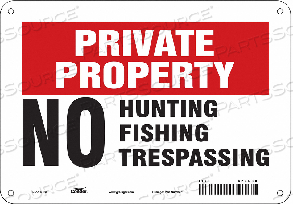SAFETY SIGN, VERTICAL RECTANGLE, NUMBER OF PRINTED SIDES 1, ENGLISH, SIGN FORMAT OTHER FORMAT, SIGN LEGEND NO HUNTING FISHING TRESPASSING, S by Condor SAFETY SIGN, VERTICAL RECTANGLE, NUMBER OF PRINTED SIDES 1, ENGLISH, SIGN FORMAT OTHER FORMAT, SIGN LEGEND NO HUNTING FISHING TRESPASSING, S by Condor