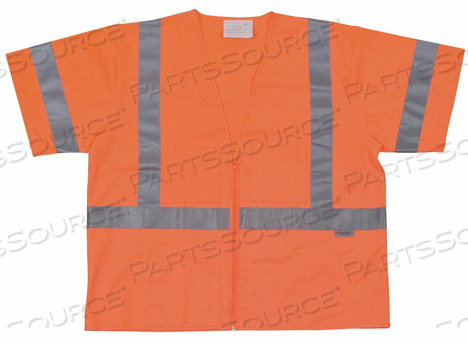 HIGH VISIBILITY VEST, ANSI CLASS 3, VEST SIZE L, TRAFFIC SAFETY VEST COLOR ORANGE/RED, FITS CHEST SIZE 51 IN, GENDER MEN'S, STRIPE COLOR SIL by Condor