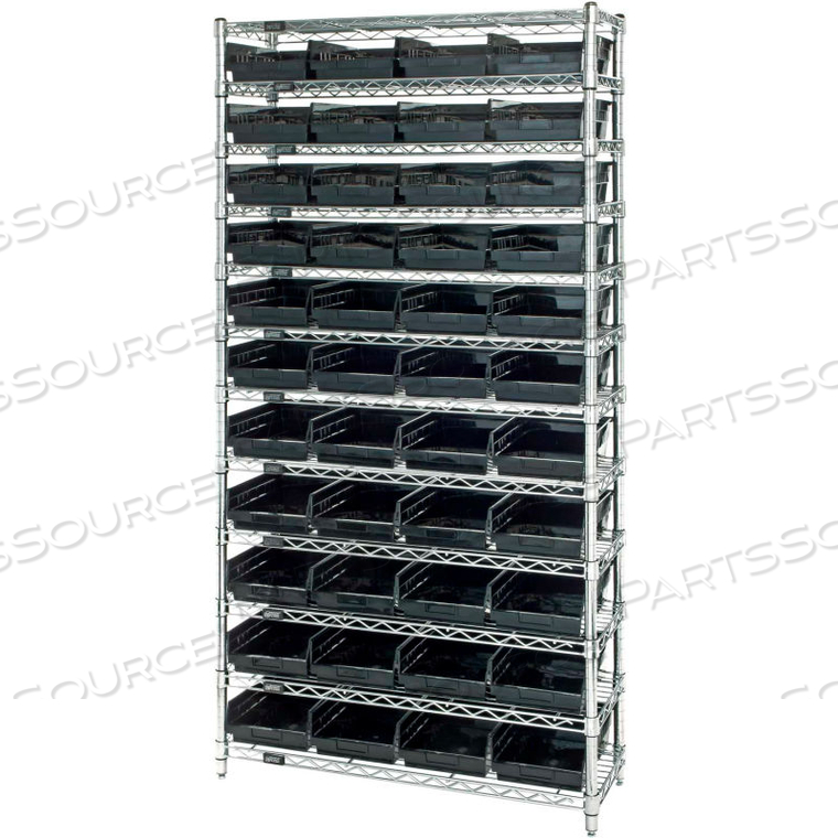 STEEL WIRE SHELVING WITH 44 CONDUCTIVE 4"H BINS BLACK - 12 SHELVES - 36"W X 12"D X 74"H by Quantum Storage Systems
