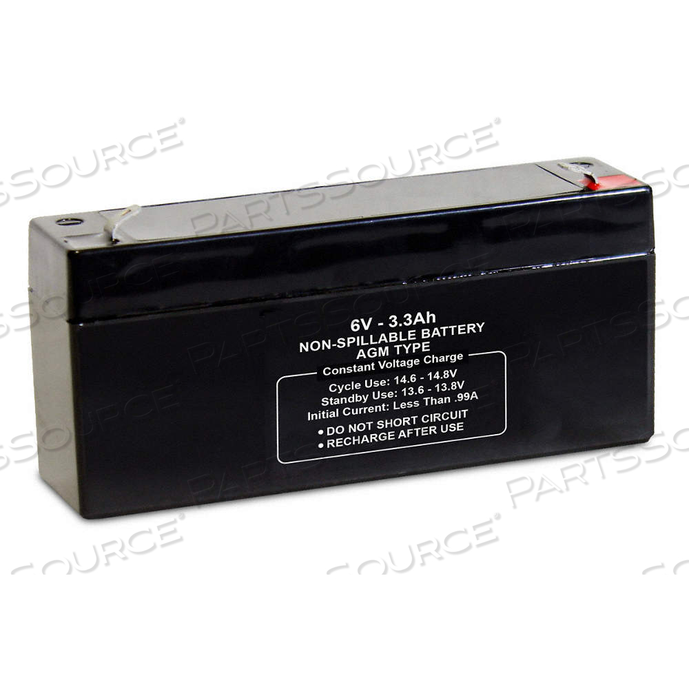 SEALED LEAD ACID BATTERY, 6V DC, 3.3 AH CAPACITY, 2.56 IN HT, 1.34 IN WD, 5.28 IN DP SEALED LEAD ACID BATTERY, 6V DC, 3.3 AH CAPACITY, 2.56 IN HT, 1.34 IN WD, 5.28 IN DP