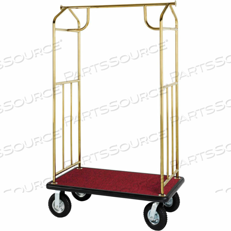 BRASS TRANSPORTER BELLMAN CART, STRAIGHT UPRIGHTS, BLACK CARPET, BLACK BUMPER by Hospitality 1 Source