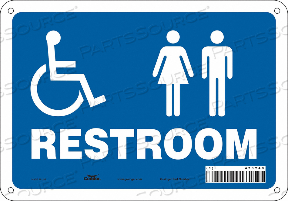 RESTROOM SIGN, VERTICAL RECTANGLE, NUMBER OF PRINTED SIDES 1, ENGLISH, SIGN LEGEND RESTROOM, SIGN LEGEND BACKGROUND COLOR BLUE, WHITE, SIGN  by Condor