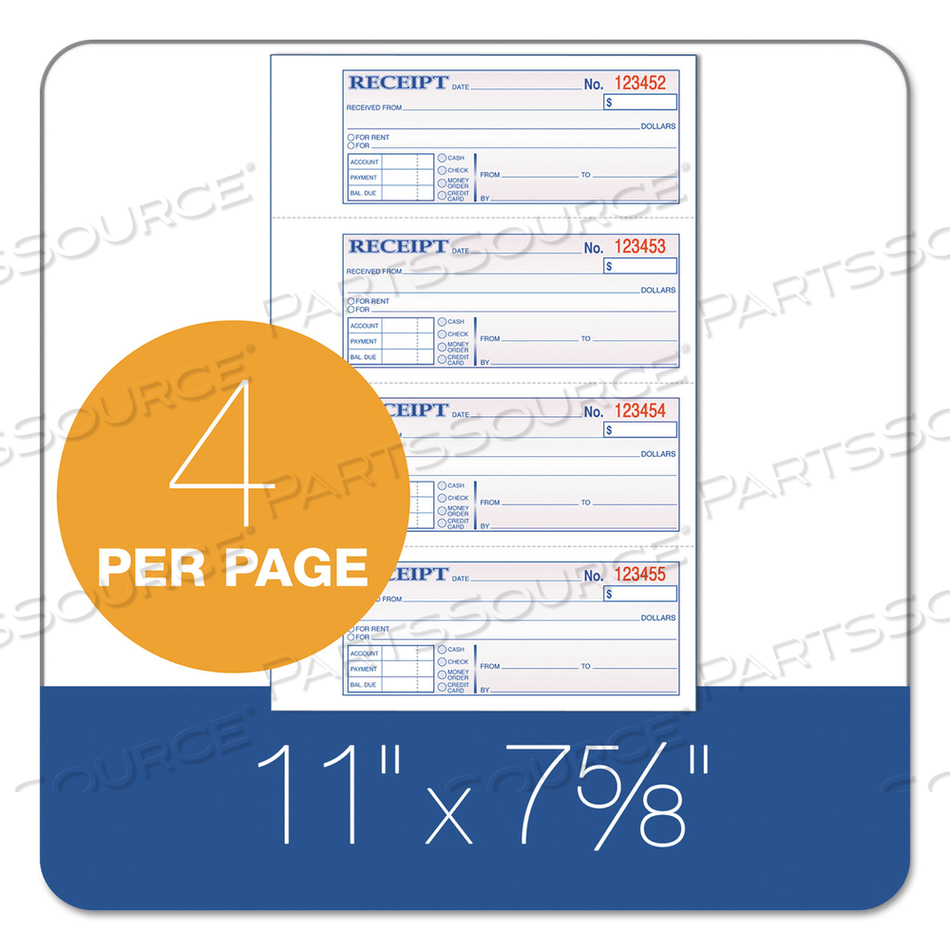TOPS 3-PART HARDBOUND RECEIPT BOOK, THREE-PART CARBONLESS, 7 X 2.75, 4 FORMS/SHEET, 200 FORMS TOTAL by Adams