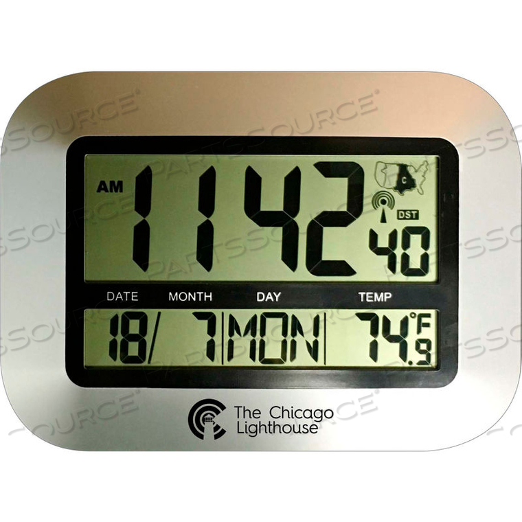 9.75" DIGITAL ATOMIC CLOCK WITH CALENDAR AND INDOOR TEMPERATURE DISPLAY - SILVER by Chicago Lighthouse 9.75" DIGITAL ATOMIC CLOCK WITH CALENDAR AND INDOOR TEMPERATURE DISPLAY - SILVER by Chicago Lighthouse