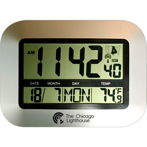 9.75" DIGITAL ATOMIC CLOCK WITH CALENDAR AND INDOOR TEMPERATURE DISPLAY - SILVER by Chicago Lighthouse