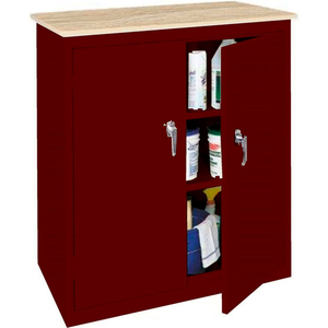 COUNTER HIGH ALL-WELDED STORAGE CABINET W/PLASTIC TOP, 36"WX18"DX42"H, WINE RED by Steel Cabinets USA, Inc