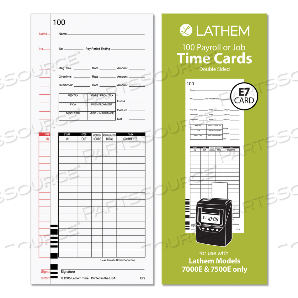 TIME CLOCK CARDS FOR LATHEM TIME 7000E/7500E, TWO SIDES, 3.38 X 8.78 by Lathem Time