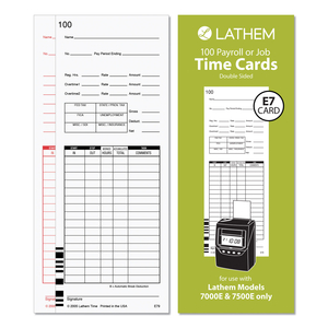 TIME CLOCK CARDS FOR LATHEM TIME 7000E/7500E, TWO SIDES, 3.38 X 8.78, 100/PACK by Lathem Time