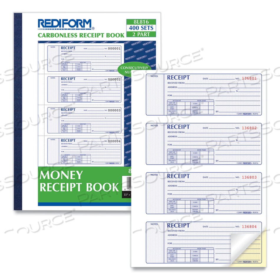 RECEIPT BOOK, TWO-PART CARBONLESS, 7 X 2.75, 4 FORMS/SHEET, 400 FORMS TOTAL by Rediform RECEIPT BOOK, TWO-PART CARBONLESS, 7 X 2.75, 4 FORMS/SHEET, 400 FORMS TOTAL by Rediform