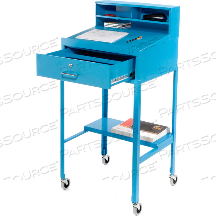 MOBILE OPEN-BASE SHOP DESK PIGEONHOLE 23"W X 20"D X 51"H SLOPED SURFACE BLUE by Pucel Enterprises MOBILE OPEN-BASE SHOP DESK PIGEONHOLE 23"W X 20"D X 51"H SLOPED SURFACE BLUE by Pucel Enterprises