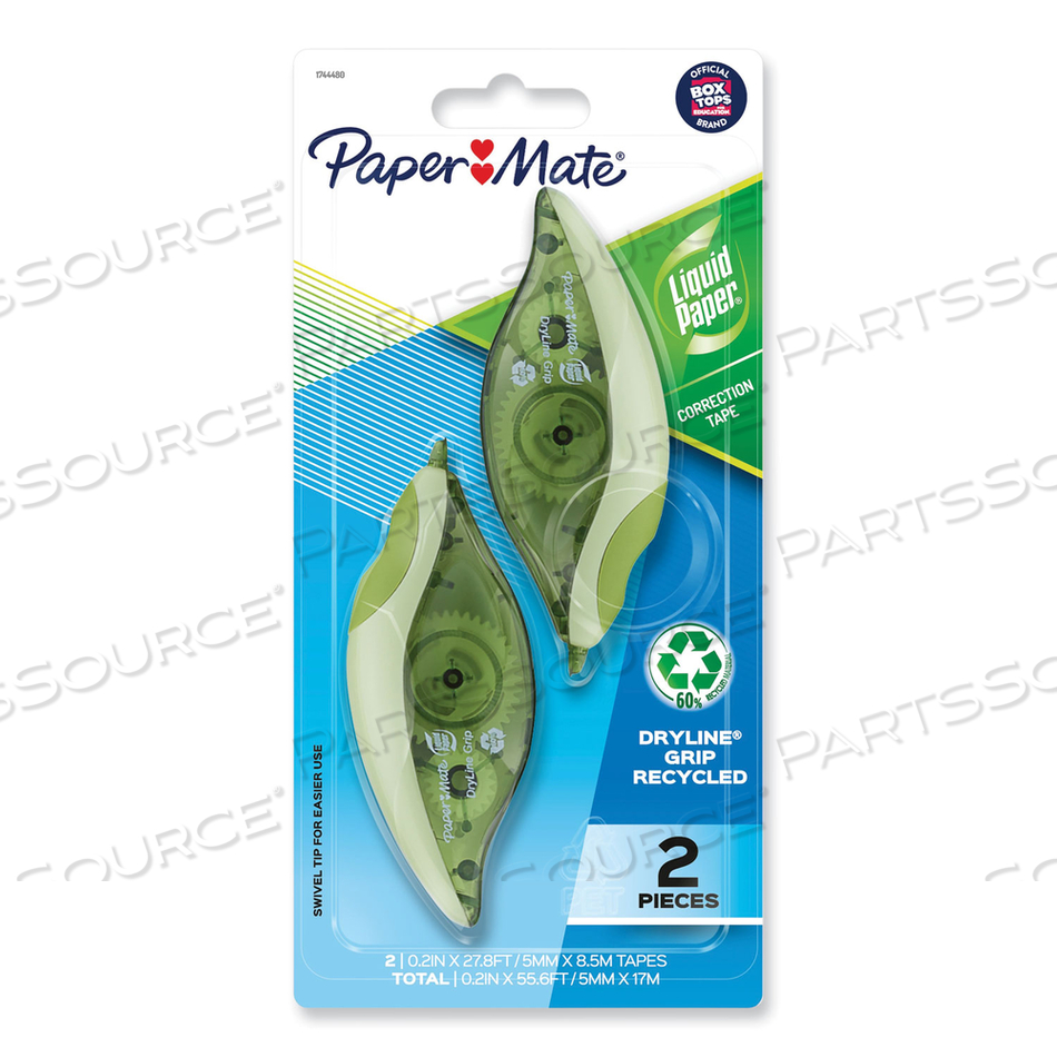 DRYLINE GRIP CORRECTION TAPE, RECYCLED DISPENSER, GREEN/WHITE APPLICATOR, 0.2" X 335" by Paper Mate DRYLINE GRIP CORRECTION TAPE, RECYCLED DISPENSER, GREEN/WHITE APPLICATOR, 0.2" X 335" by Paper Mate
