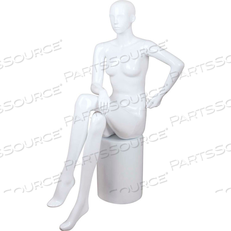 FEMALE MANNEQUIN - SEATED, CROSSED LEG, STOOL INCLUDED - GLOSS FINISH, WHITE by Amko Displays LLC