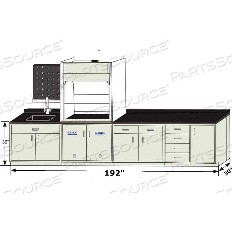 APOLLO BASE CABINET GROUPING WITH SE AIRESTREAM FUME HOOD, 192"W X 30"D X 95"H 