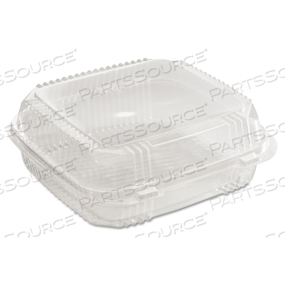 CLEARVIEW SMARTLOCK HINGED LID CONTAINER, 49 OZ, 8.2 X 8.34 X 2.91, CLEAR, PLASTIC by Pactiv CLEARVIEW SMARTLOCK HINGED LID CONTAINER, 49 OZ, 8.2 X 8.34 X 2.91, CLEAR, PLASTIC by Pactiv