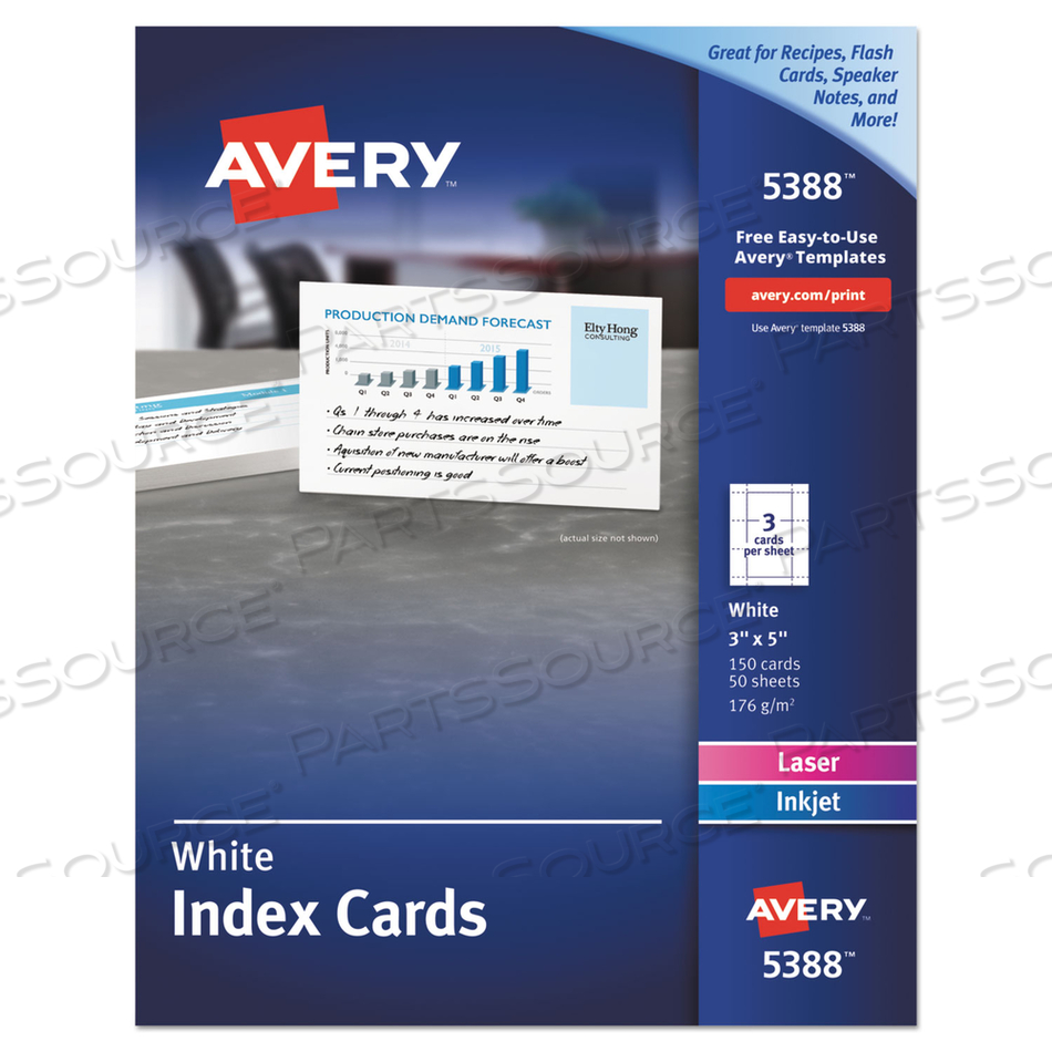 PRINTABLE INDEX CARDS WITH SURE FEED, UNRULED, INKJET/LASER, 3 X 5, WHITE, 150 CARDS, 3 CARDS/SHEET by Avery PRINTABLE INDEX CARDS WITH SURE FEED, UNRULED, INKJET/LASER, 3 X 5, WHITE, 150 CARDS, 3 CARDS/SHEET by Avery