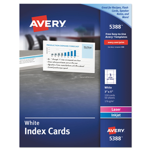 PRINTABLE INDEX CARDS WITH SURE FEED, UNRULED, INKJET/LASER, 3 X 5, WHITE, 150 CARDS, 3 CARDS/SHEET by Avery PRINTABLE INDEX CARDS WITH SURE FEED, UNRULED, INKJET/LASER, 3 X 5, WHITE, 150 CARDS, 3 CARDS/SHEET by Avery