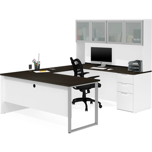 U-DESK WITH FROSTED GLASS DOOR HUTCH - WHITE AND DEEP GRAY - PRO-CONCEPT PLUS SERIES by Bestar Technologies, Inc.