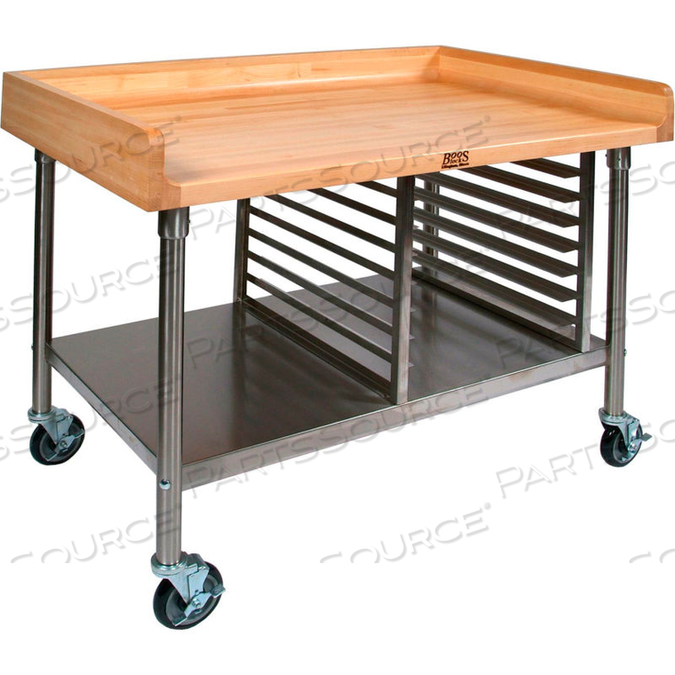 MOBILE MAPLE TOP PREP TABLE - STAINLESS STEEL LEGS SHELF AND PAN RACK72"W X 30"D 