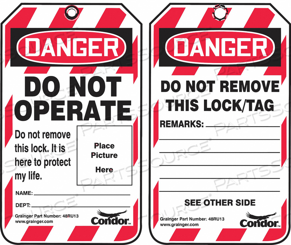 LOCKOUT TAG, FRONT SIDE LEGEND DANGER DO NOT OPERATE, HEADER DANGER, LANGUAGE ENGLISH, LEGEND TYPE TEXT, MOUNT TYPE CABLE TIE, NUMBER OF PRI by Condor