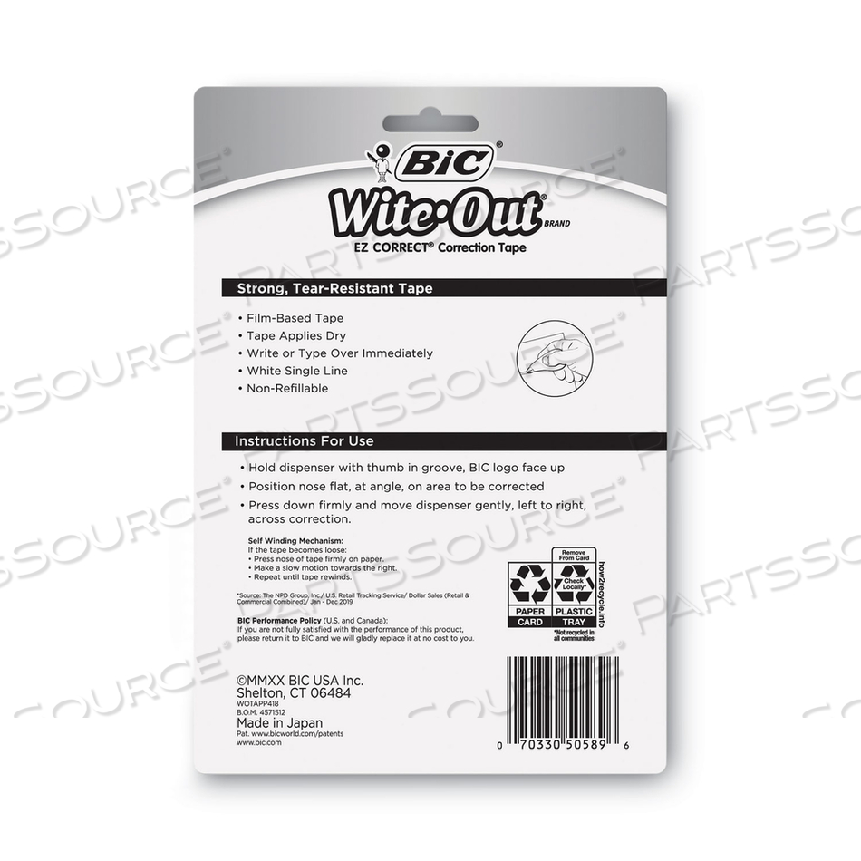 WITE-OUT EZ CORRECT CORRECTION TAPE, NON-REFILLABLE, BLUE/YELLOW APPLICATORS, 0.17" X 400" by BIC