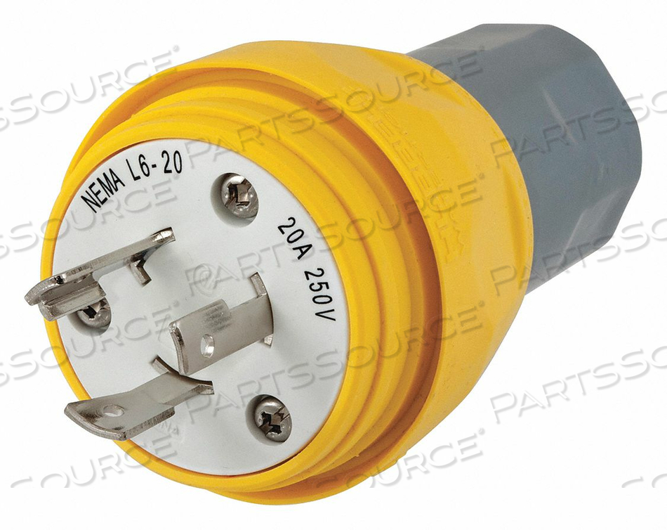 LOCKING, WATERTIGHT PLUG, 20A, 250V 1 PHASE, 2P 3W THERMOPLASTIC ELASTOMER YELLOW by Hubbell Incorporated, Wiring Device-Kellums