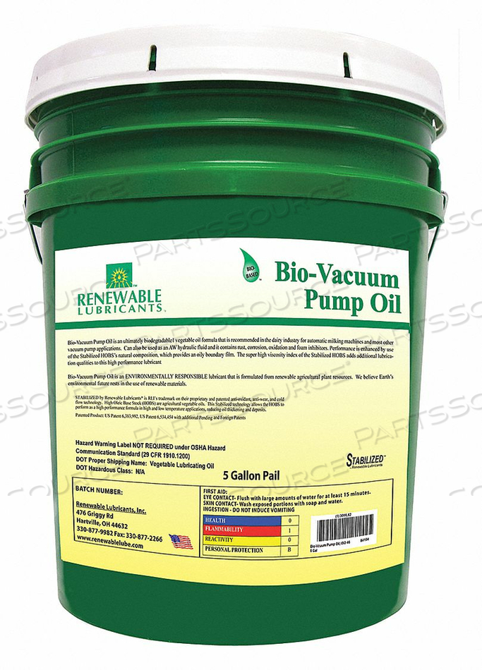 VACUUM PUMP OIL PAIL YELLOW 5 GAL. by Renewable Lubricants VACUUM PUMP OIL PAIL YELLOW 5 GAL. by Renewable Lubricants