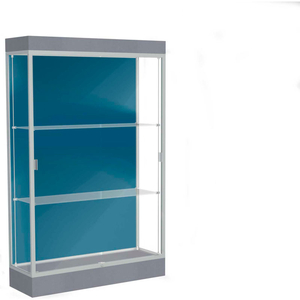 EDGE LIGHTED FLOOR CASE, BLUE STEEL BACK, SATIN FRAME, 6" CARBON MESH BASE, 48"W X 76"H X 20"D by Waddell Display