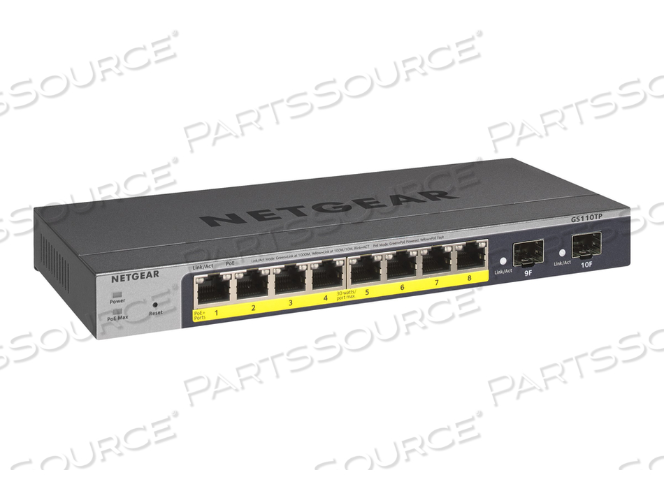 SMART GS110TPV3, SWITCH, SMART, 8 X 10/100/1000 (POE) + 2 X SFP, DESKTOP, WALL-MOUNTABLE, POE+ (55 W), DC POWER by Netgear