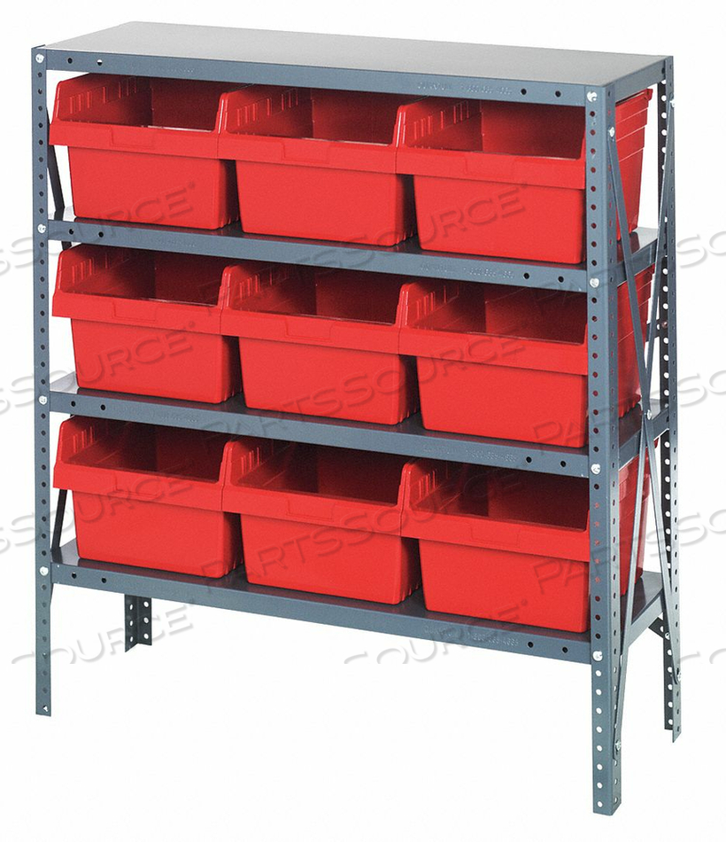 1839-SB810 STEEL SHELVING WITH 9 8"H PLASTIC SHELF BINS RED, 36X18X39-SB4 SHELVES by Quantum Storage Systems 1839-SB810 STEEL SHELVING WITH 9 8"H PLASTIC SHELF BINS RED, 36X18X39-SB4 SHELVES by Quantum Storage Systems