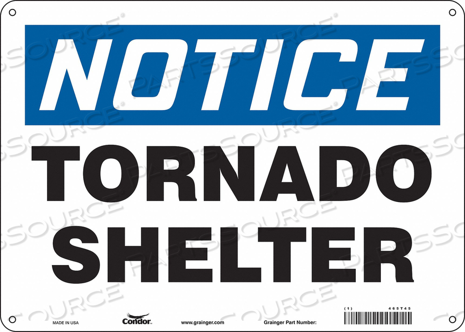 SAFETY SIGN, HORIZONTAL RECTANGLE, NUMBER OF PRINTED SIDES 1, ENGLISH, SIGN LEGEND TORNADO SHELTER, SIGN LEGEND BACKGROUND COLOR WHITE, SIGN by Condor