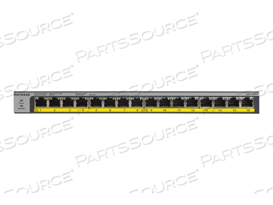 GS116PP, SWITCH, UNMANAGED, 16 X 10/100/1000 (POE+), DESKTOP, RACK-MOUNTABLE, WALL-MOUNTABLE, POE+ (183 W) by Netgear GS116PP, SWITCH, UNMANAGED, 16 X 10/100/1000 (POE+), DESKTOP, RACK-MOUNTABLE, WALL-MOUNTABLE, POE+ (183 W) by Netgear