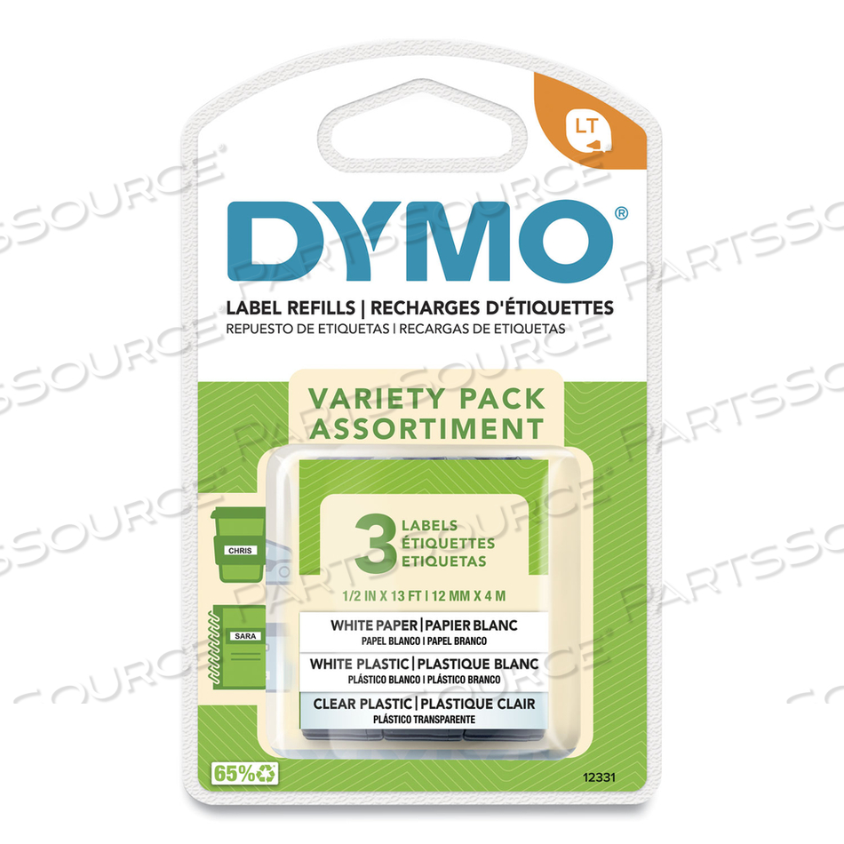 LETRATAG PAPER/PLASTIC LABEL TAPE VALUE PACK, 0.5" X 13 FT, ASSORTED by Dymo