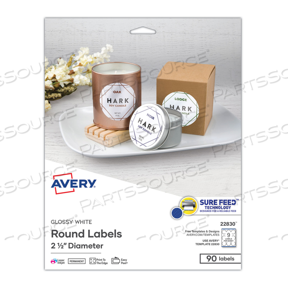 ROUND PRINT-TO-THE EDGE LABELS WITH SUREFEED, 2.5" DIA, GLOSSY WHITE by Avery ROUND PRINT-TO-THE EDGE LABELS WITH SUREFEED, 2.5" DIA, GLOSSY WHITE by Avery