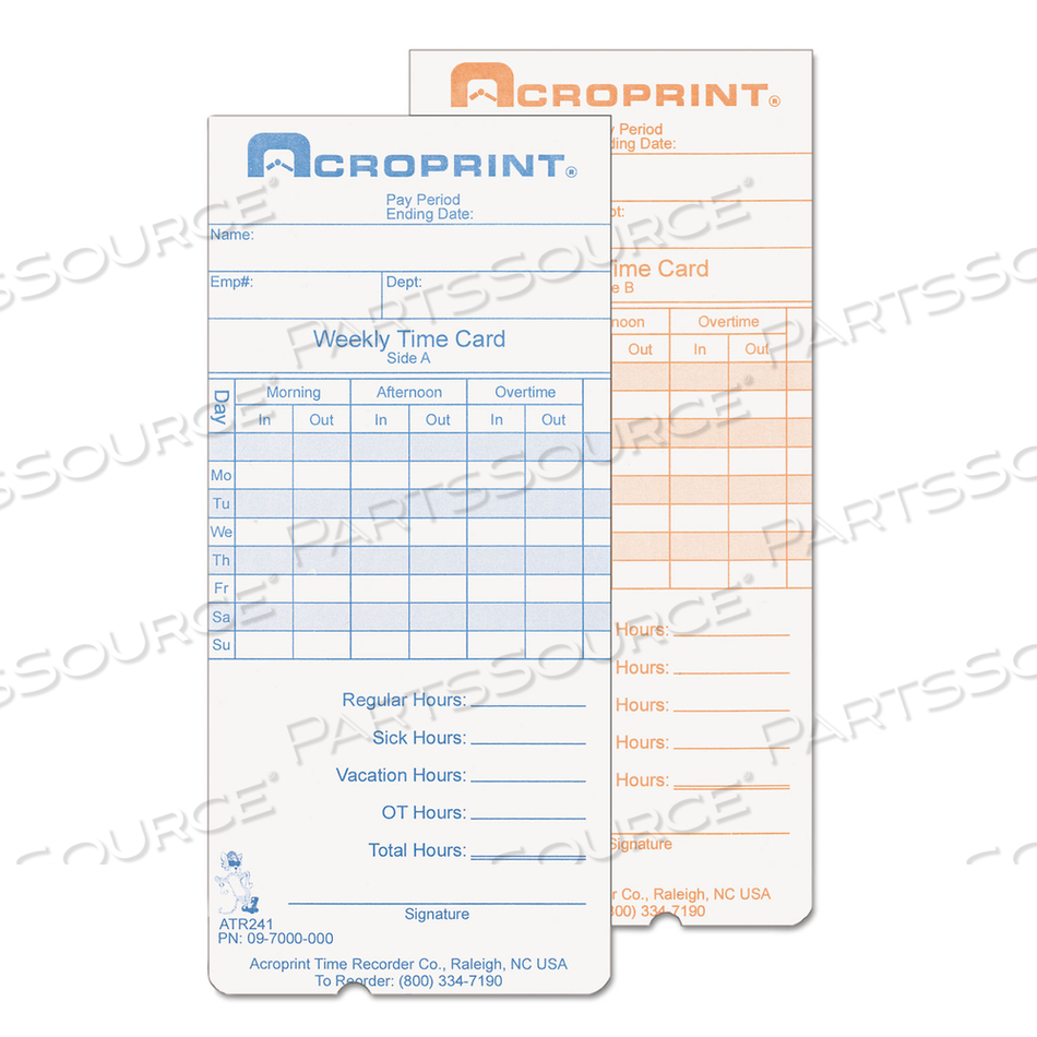 TIME CLOCK CARDS FOR ACROPRINT ATR240/ATR360, TWO SIDES, 3.5 X 7.25, 250/PACK 