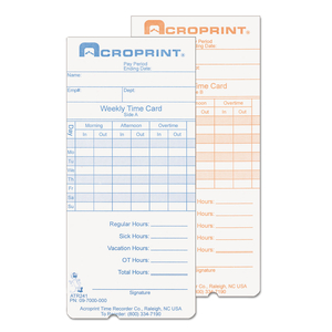 TIME CLOCK CARDS FOR ACROPRINT ATR240/ATR360, TWO SIDES, 3.5 X 7.25, 250/PACK by Acroprint