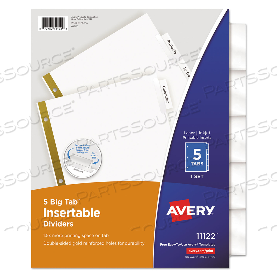 INSERTABLE BIG TAB DIVIDERS, 5-TAB, DOUBLE-SIDED GOLD EDGE REINFORCING, 11 X 8.5, WHITE, CLEAR TABS, 1 SET by Avery INSERTABLE BIG TAB DIVIDERS, 5-TAB, DOUBLE-SIDED GOLD EDGE REINFORCING, 11 X 8.5, WHITE, CLEAR TABS, 1 SET by Avery
