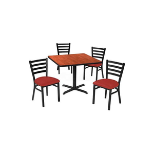 PREMIER HOSPITALITY 36" SQUARE TABLE & LADDER BACK CHAIR SET, MAHOGANY/RED VINYL CHAIR by Phoenix Office Furn. PREMIER HOSPITALITY 36" SQUARE TABLE & LADDER BACK CHAIR SET, MAHOGANY/RED VINYL CHAIR by Phoenix Office Furn.