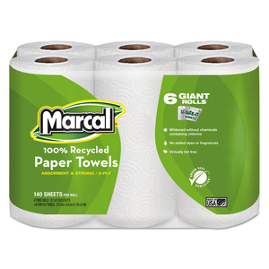 100% PREMIUM RECYCLED KITCHEN ROLL TOWELS, 2-PLY, 11 X 5.5, WHITE, 140/ROLL, 24 ROLLS/CARTON by Marcal