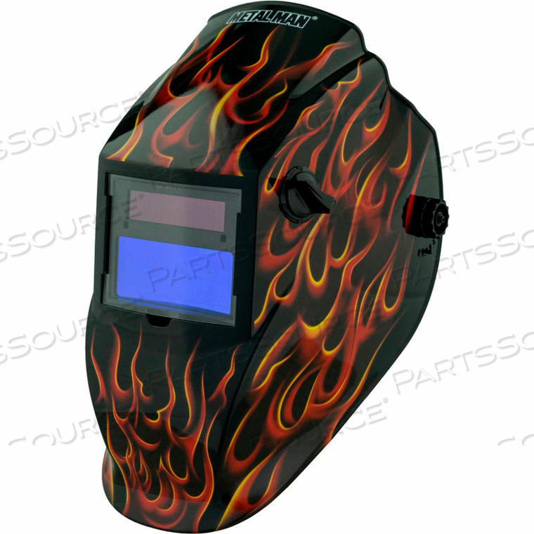 AUTO DARKENING WELDING HELMET, VARIABLE SHADE CONTROL - RED REAL FLAME by Metal Man Work Gear AUTO DARKENING WELDING HELMET, VARIABLE SHADE CONTROL - RED REAL FLAME by Metal Man Work Gear
