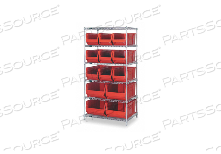 WR6-973974 CHROME WIRE SHELVING WITH 13 30"D HOPPER BINS RED, 30X36X74 by Quantum Storage Systems WR6-973974 CHROME WIRE SHELVING WITH 13 30"D HOPPER BINS RED, 30X36X74 by Quantum Storage Systems