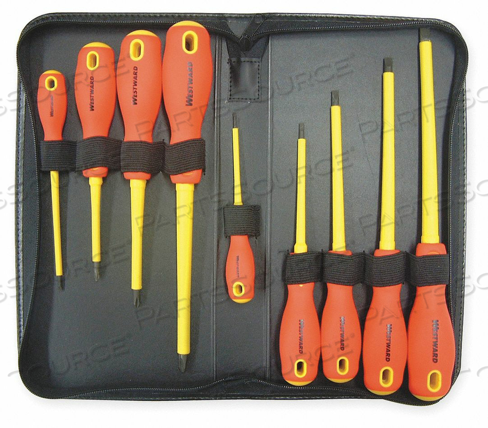 INSULATED SCREWDRIVER SET, #1, #2, #3, 1/4 IN, 1/8 IN, 3/32 IN, 5/16 IN, 5/32 IN, 7/32 IN, PHILLIPS, SLOTTED, ERGONOMIC, NUMBER OF PIECES 9, by Westward