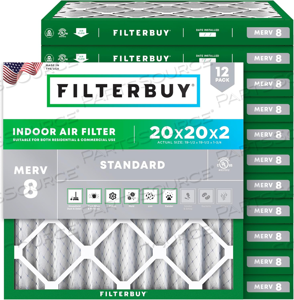 FILTERBUY 20X20X2 AIR FILTER MERV 8 DUST DEFENSE (12-PACK), PLEATED HVAC AC FURNACE AIR FILTERS REPLACEMENT (ACTUAL SIZE: 19.50 X 19.50 X 1.75 INCHES) 