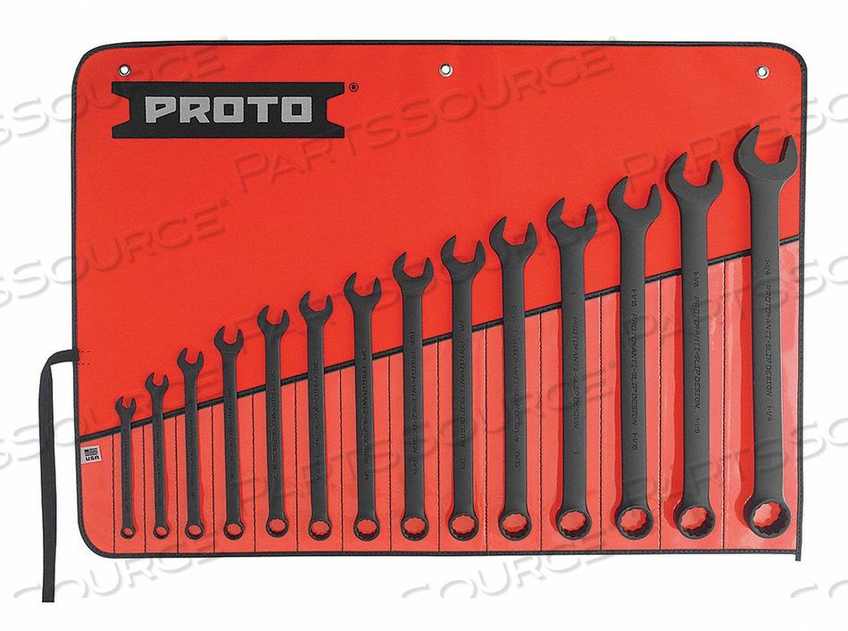 COMBINATION WRENCH SET, ALLOY STEEL, BLACK OXIDE, NUMBER OF TOOLS 14, RANGE OF HEAD SIZES 3/8 IN TO 1 1/4 IN, HEAD OFFSET ANGLE 15 DEGREES , by Proto COMBINATION WRENCH SET, ALLOY STEEL, BLACK OXIDE, NUMBER OF TOOLS 14, RANGE OF HEAD SIZES 3/8 IN TO 1 1/4 IN, HEAD OFFSET ANGLE 15 DEGREES , by Proto