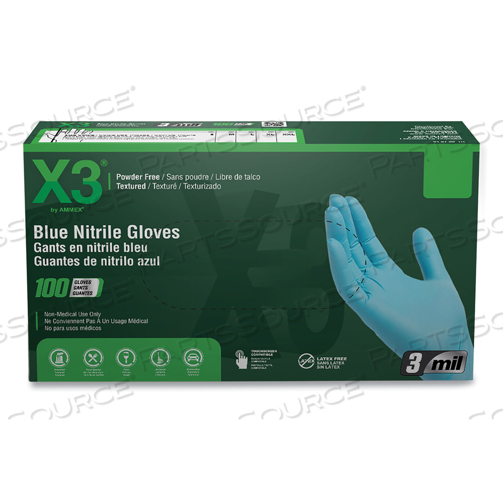 INDUSTRIAL NITRILE GLOVES, POWDER-FREE, 3 MIL, MEDIUM, BLUE, 100/BOX, 10 BOXES/CARTON 