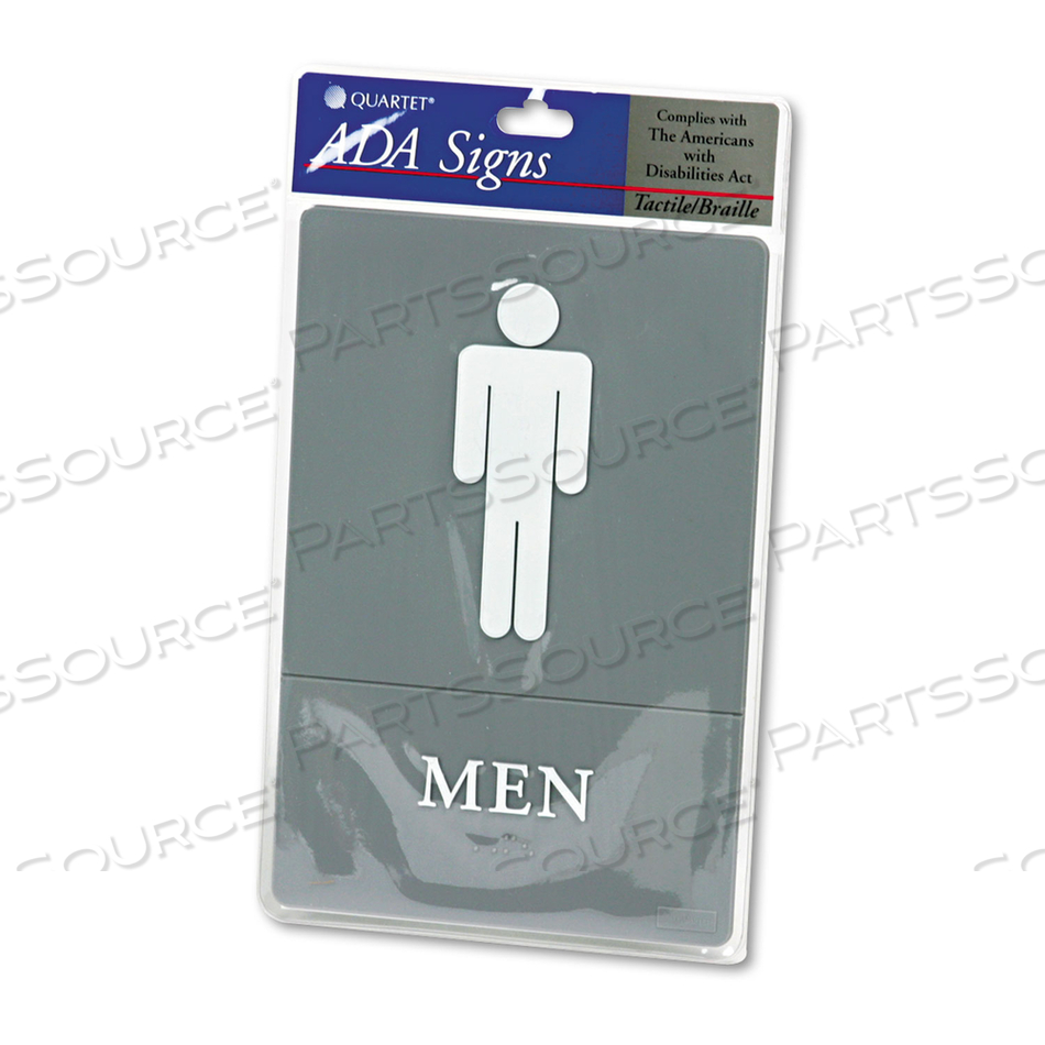 ADA SIGN, MEN RESTROOM SYMBOL W/TACTILE GRAPHIC, MOLDED PLASTIC, 6 X 9, GRAY ADA SIGN, MEN RESTROOM SYMBOL W/TACTILE GRAPHIC, MOLDED PLASTIC, 6 X 9, GRAY