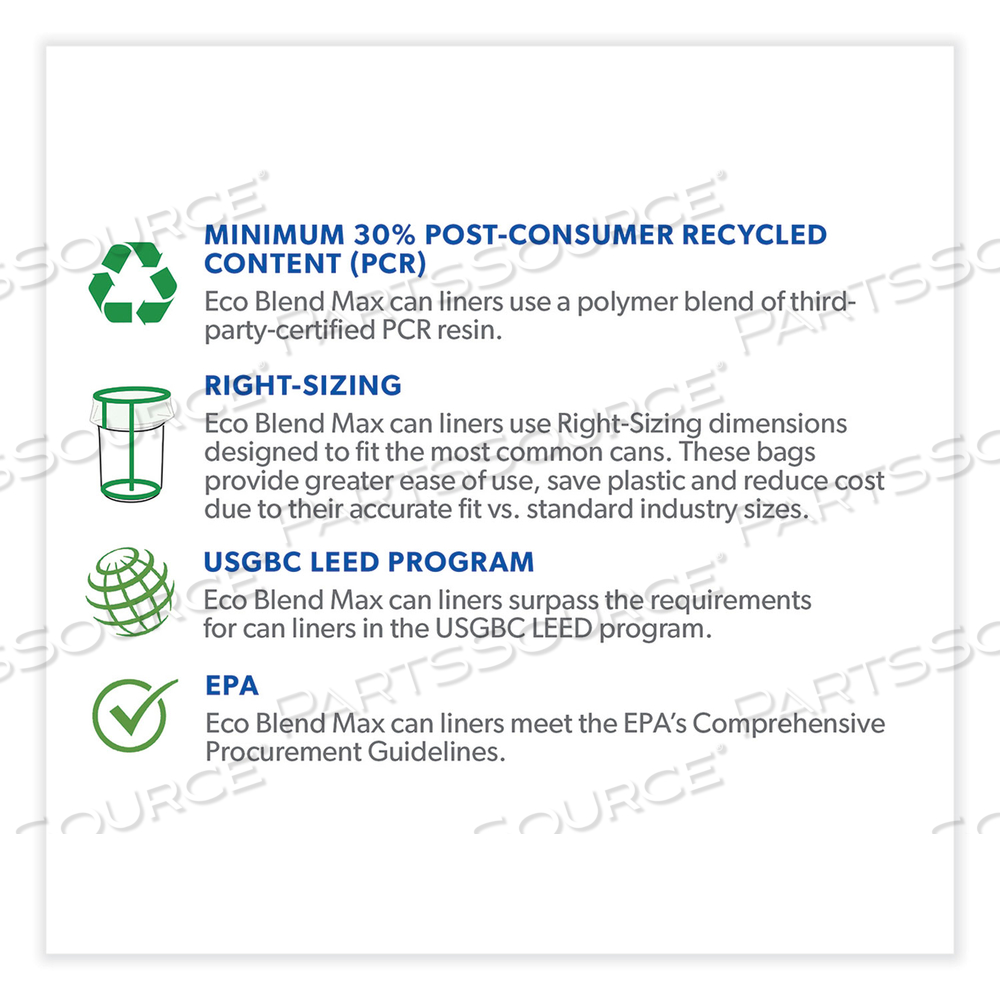 ECO BLEND MAX CAN LINERS, 33 GAL, 0.8 MIL, 33" X 39", GREEN, 25 BAGS/ROLL by Heritage