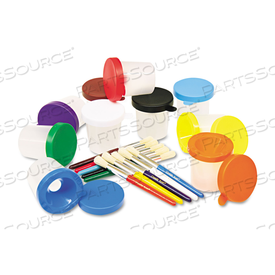 NO-SPILL CUPS AND COORDINATING BRUSHES, ASSORTED COLOR LIDS/CLEAR CUPS by Creativity Street